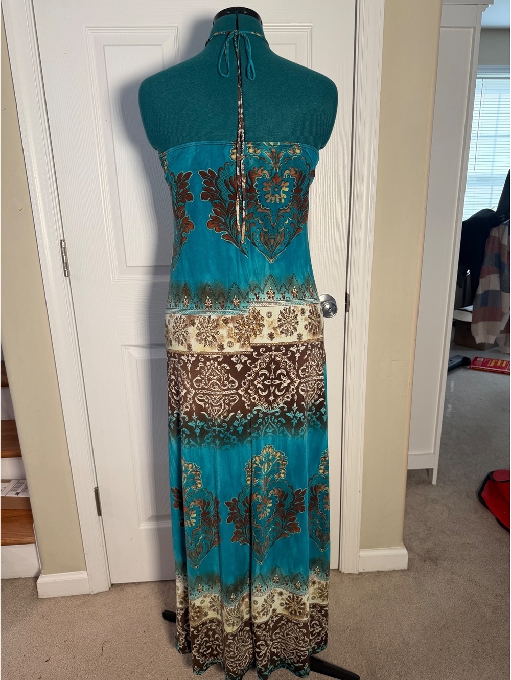 Body Central Y2K Boho Turquoise & Brown Paisley Beaded Ring Halter Maxi Dress